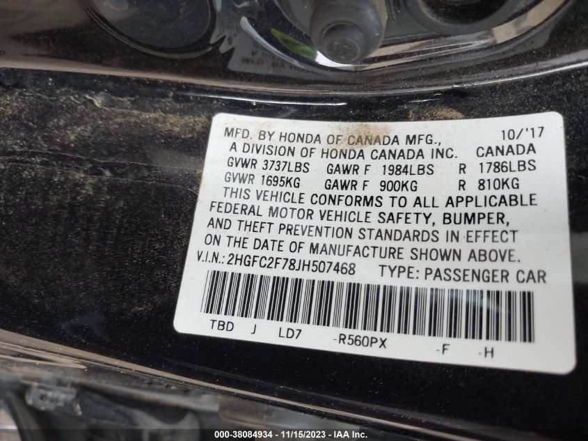 2018 HONDA CIVIC EX - 2HGFC2F78JH507468