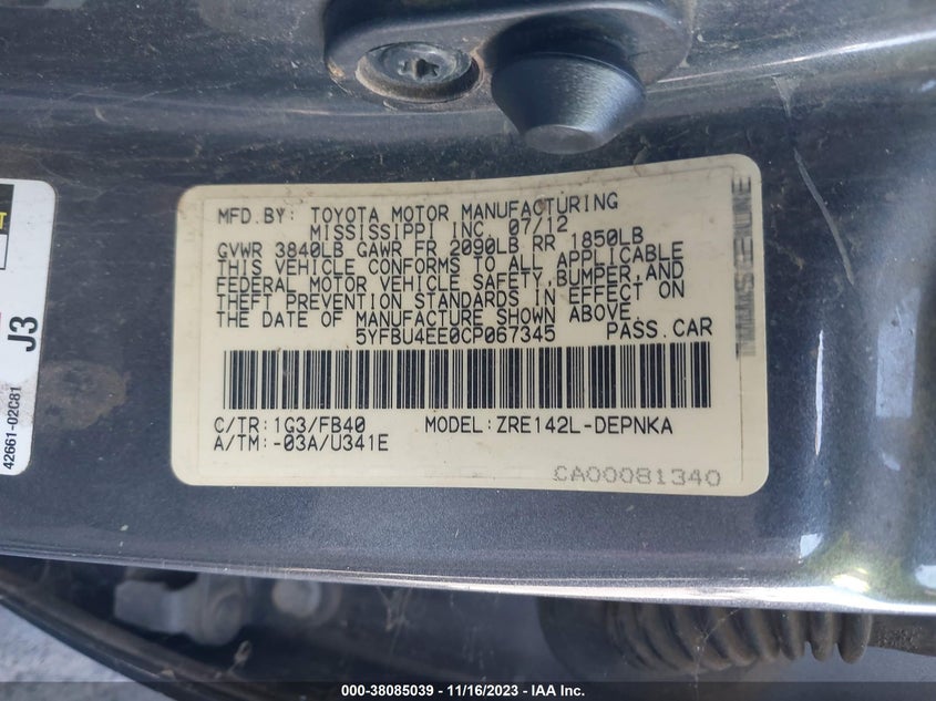2012 TOYOTA COROLLA VIN: 5YFBU4EE0CP067345
