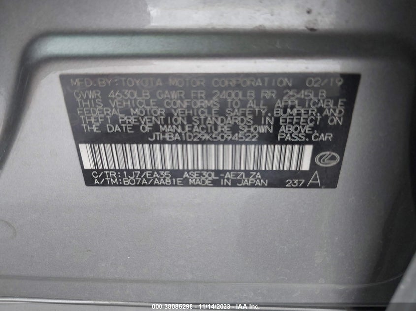 VIN JTHBA1D29K5094522 2019 LEXUS IS 300