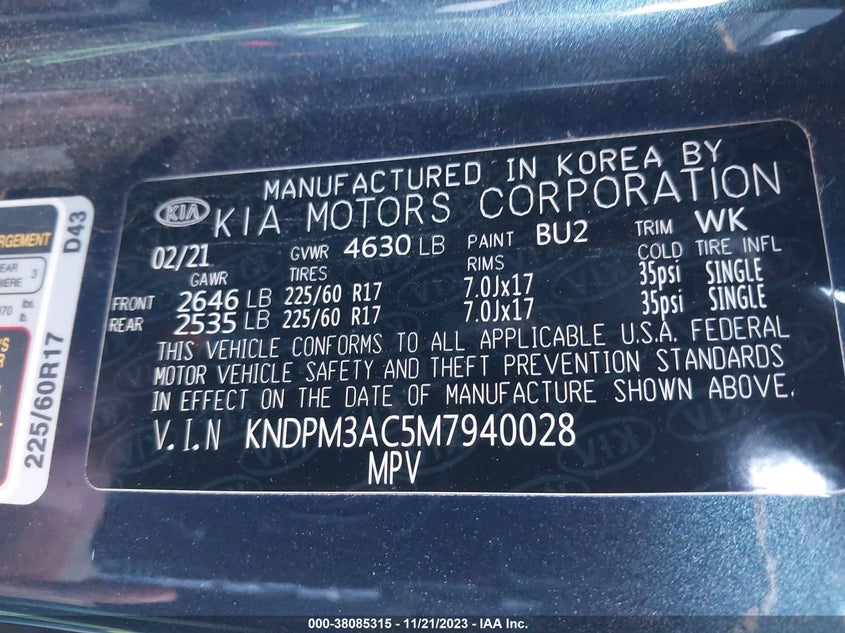 VIN KNDPM3AC5M7940028 2021 KIA SPORTAGE LX