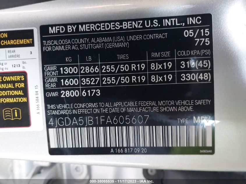 2015 MERCEDES-BENZ M-CLASS ML 350 4JGDA5JB1FA605607