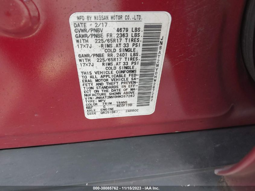 2017 NISSAN ROGUE S/SL/SV - JN8AT2MV0HW267262