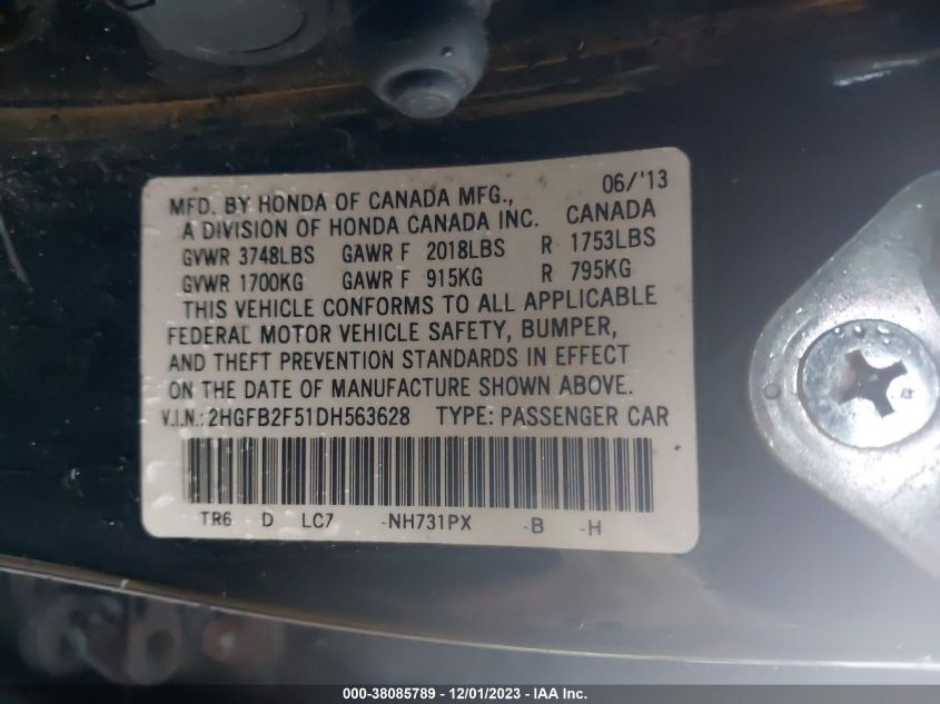 2013 HONDA CIVIC LX - 2HGFB2F51DH563628