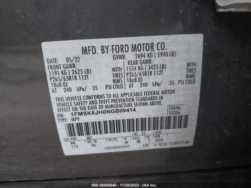 VIN 1FMSK8JH0NGB09414 2022 FORD EXPLORER TIMBERLINE