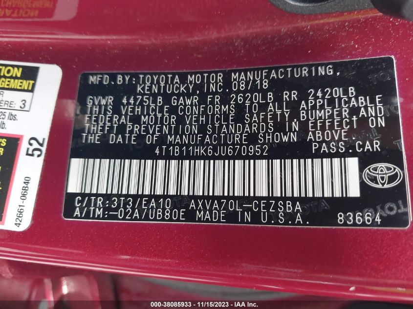 2018 TOYOTA CAMRY L/LE/XLE/SE/XSE - 4T1B11HK6JU670952