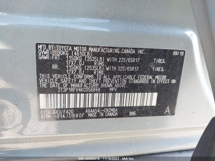 2019 TOYOTA RAV4 XLE/XLE PREMIUM - 2T3P1RFV4KC056848