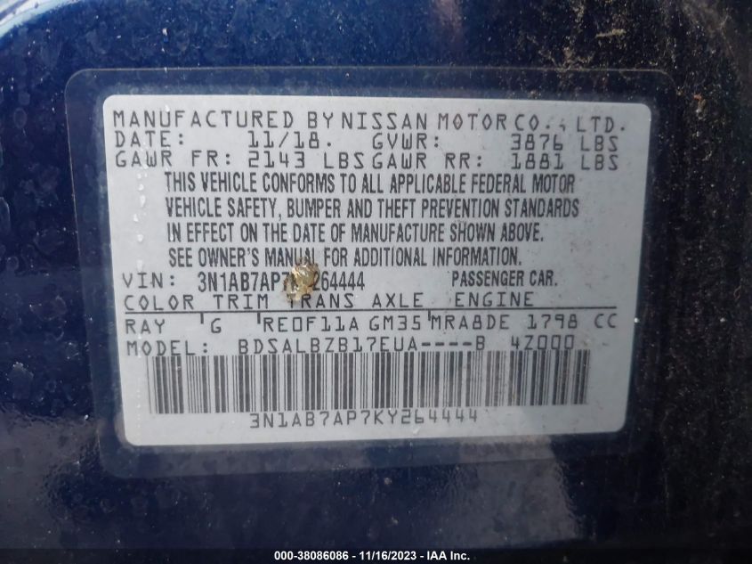 2019 NISSAN SENTRA S/SV/SR/SL - 3N1AB7AP7KY264444
