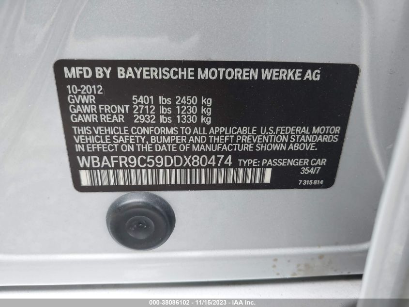 2013 BMW 550I - WBAFR9C59DDX80474