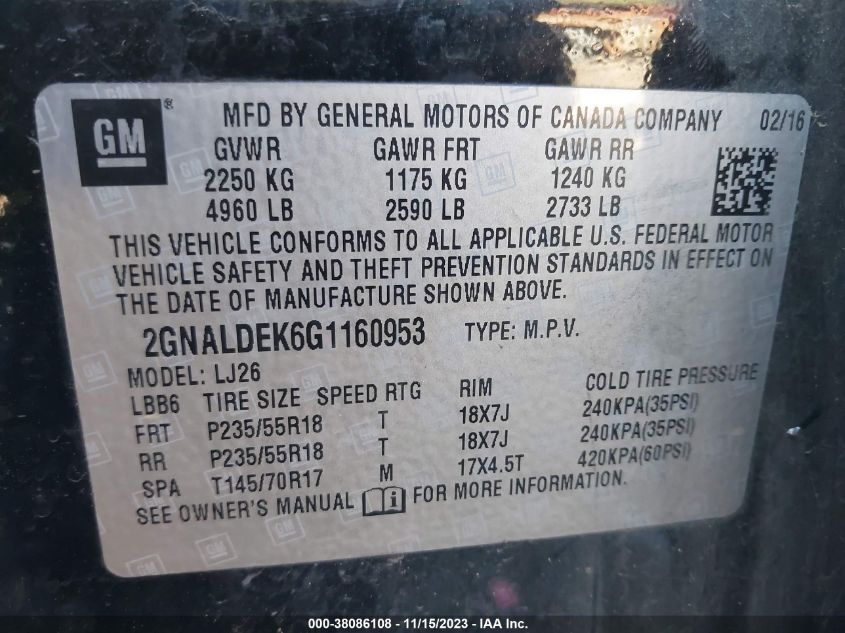 2016 CHEVROLET EQUINOX LTZ - 2GNALDEK6G1160953