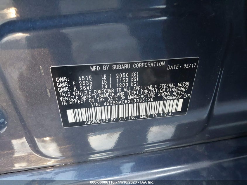 VIN 4S3BNAC62H3066138 2017 SUBARU LEGACY 2.5I PREMIUM