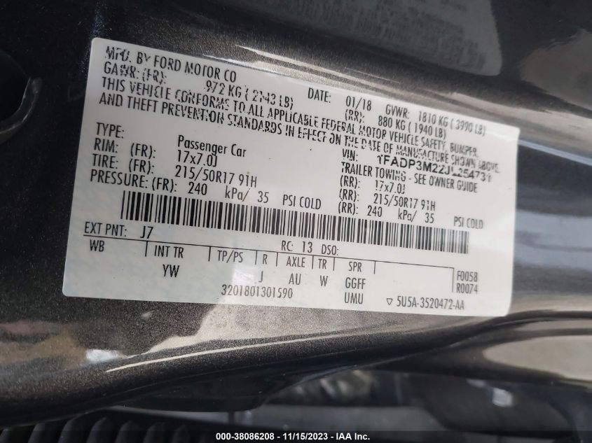 2018 FORD FOCUS SEL - 1FADP3M22JL254731