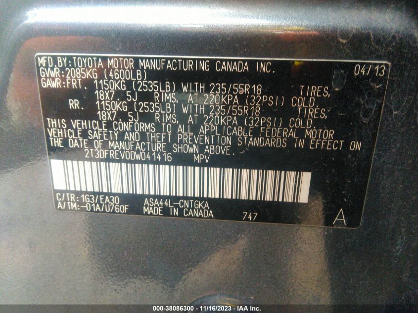 2013 TOYOTA RAV4 LIMITED - 2T3DFREV0DW041416