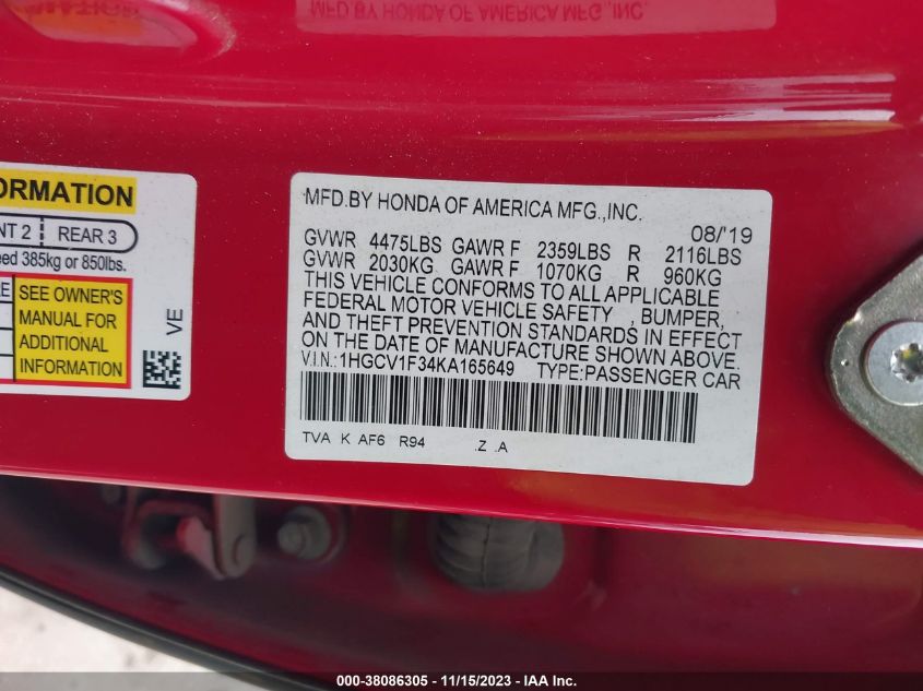 VIN 1HGCV1F34KA165649 2019 HONDA ACCORD SPORT