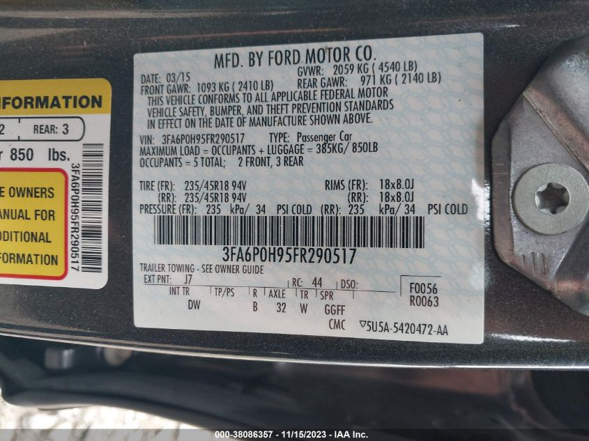 2015 FORD FUSION SE - 3FA6P0H95FR290517