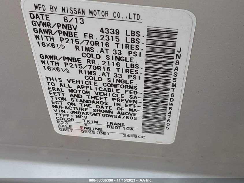 2013 NISSAN ROGUE S - JN8AS5MT6DW547605