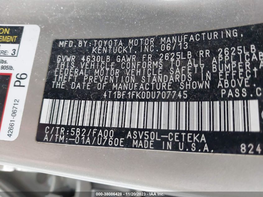2013 TOYOTA CAMRY L/LE/SE/XLE - 4T1BF1FK0DU707745