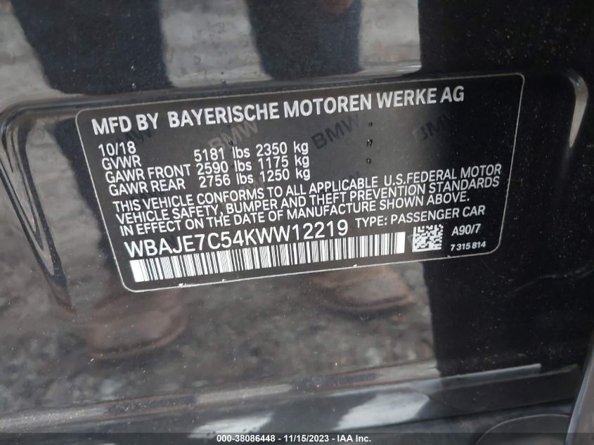 2019 BMW 540I XDRIVE WBAJE7C54KWW12219