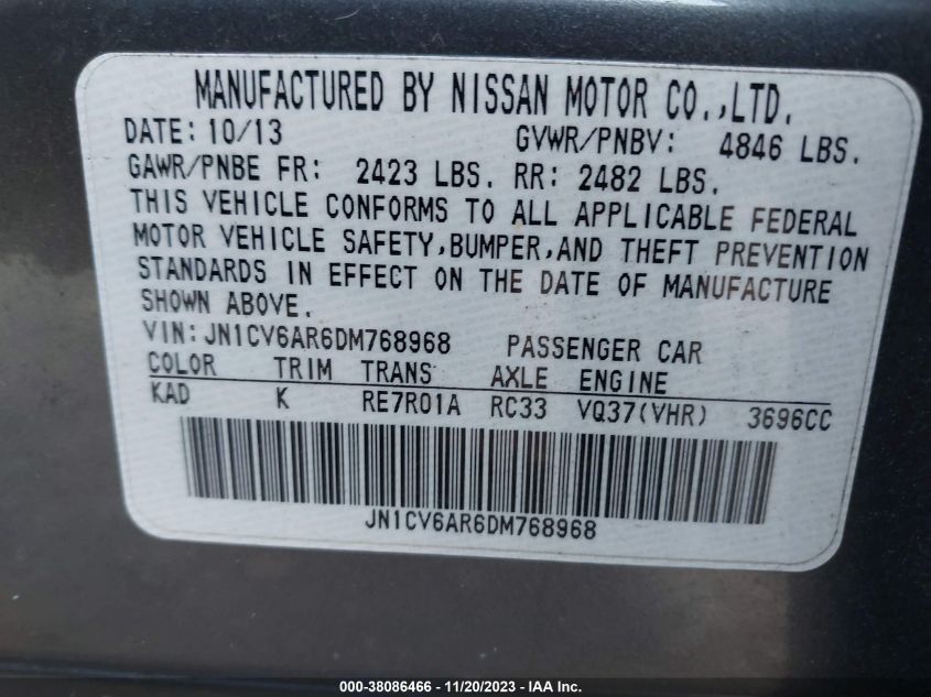 2013 INFINITI G37X - JN1CV6AR6DM768968