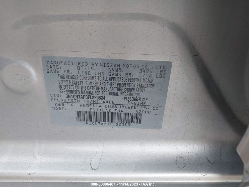 2015 NISSAN VERSA S/S PLUS/SV/SL - 3N1CN7AP3FL829534