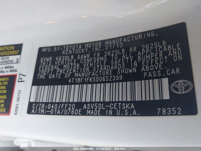2013 TOYOTA CAMRY L/SE/LE/XLE - 4T1BF1FK5DU652399
