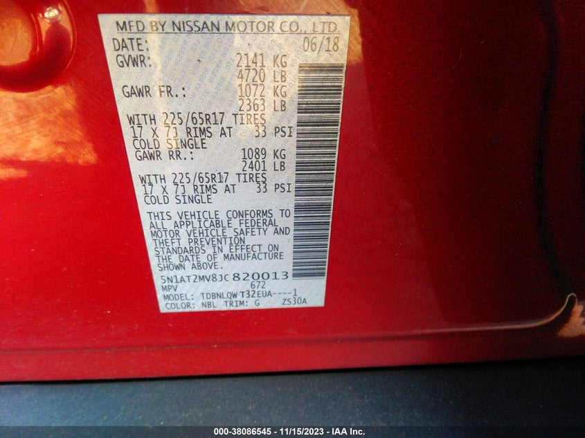 VIN 5N1AT2MV8JC820013 2018 NISSAN ROGUE SV/SL