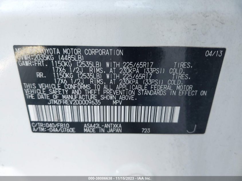 2013 TOYOTA RAV4 LE - JTMZFREV2DD009635