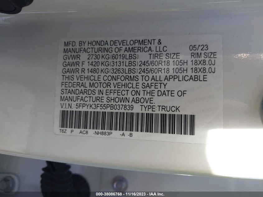 VIN 5FPYK3F55PB037839 2023 HONDA RIDGELINE RTL