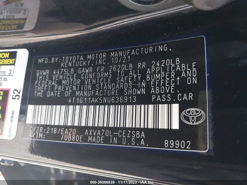 2022 TOYOTA CAMRY SE - 4T1G11AK5NU636913