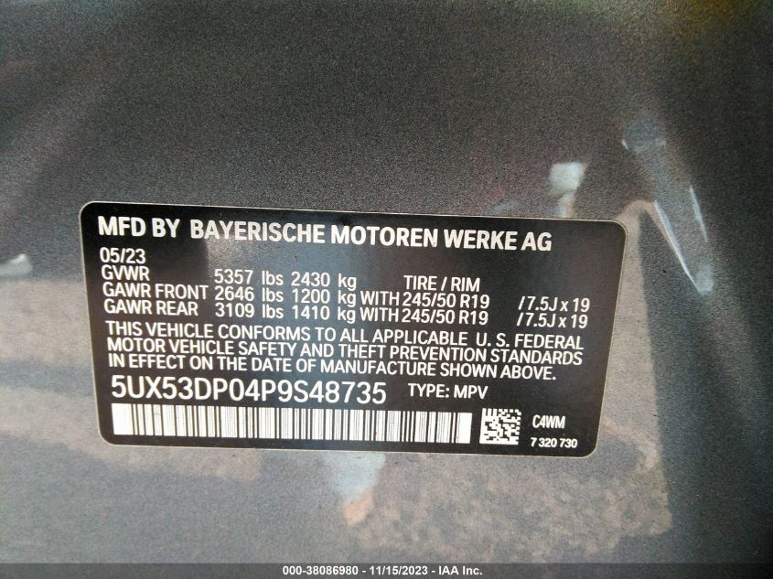 5UX53DP04P9S48735 2023 BMW X3, photo no. 9