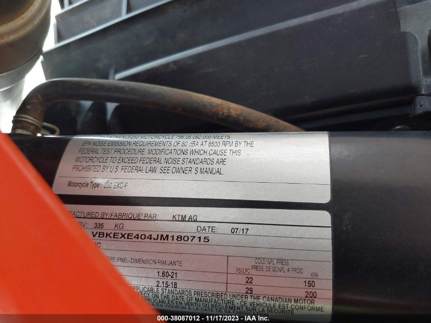 2018 KTM 250 EXC-F VBKEXE404JM180715