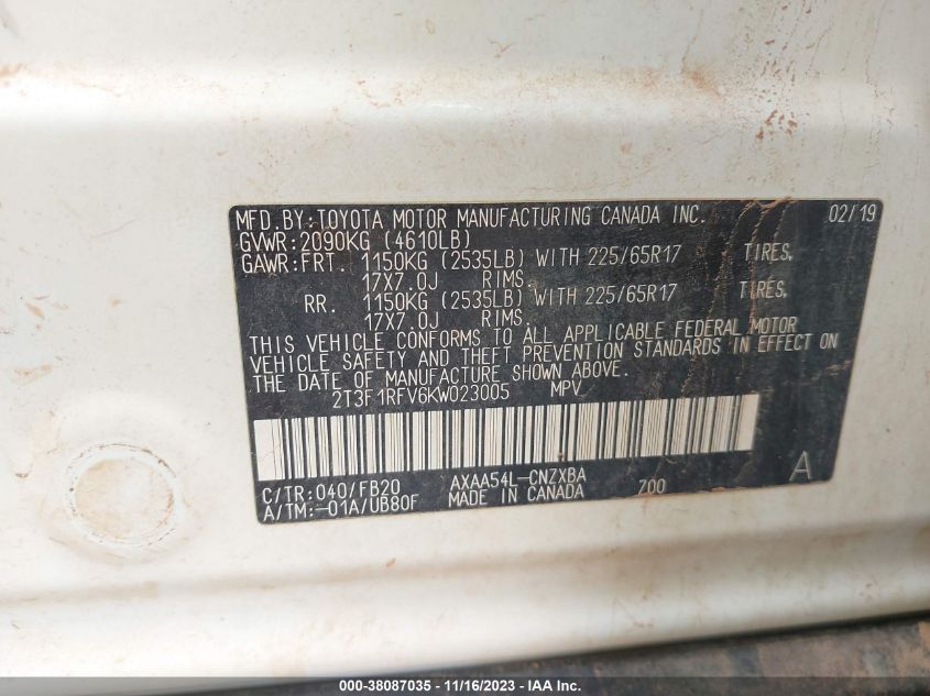 2019 TOYOTA RAV4 LE - 2T3F1RFV6KW023005