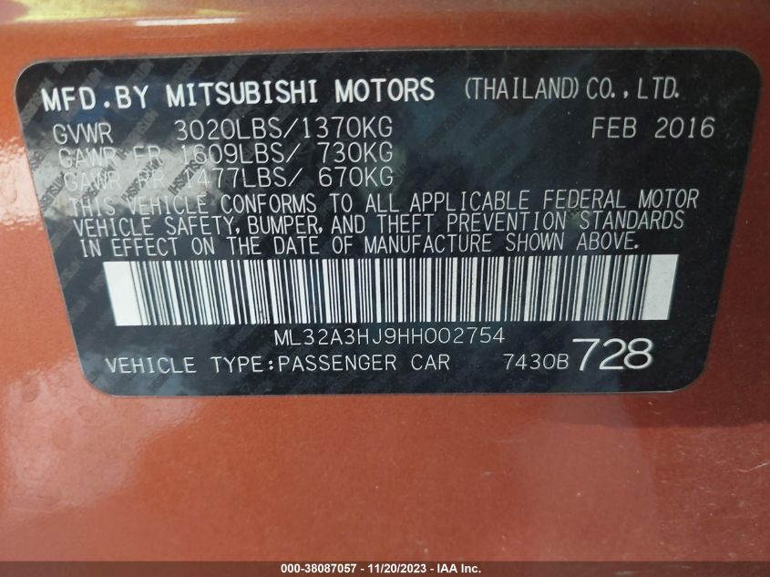 2017 MITSUBISHI MIRAGE ES - ML32A3HJ9HH002754