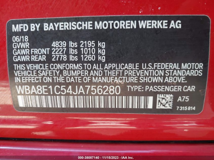 2018 BMW 330E WBA8E1C54JA756280