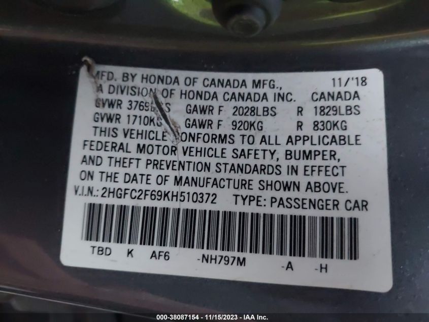 2019 HONDA CIVIC LX - 2HGFC2F69KH510372