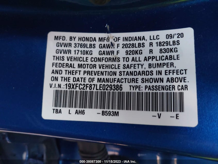 VIN 19XFC2F87LE029386 2020 HONDA CIVIC SPORT