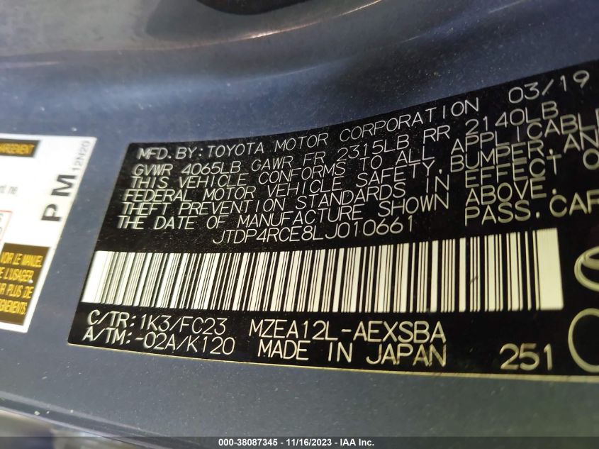 2020 TOYOTA COROLLA SE - JTDP4RCE8LJ010661