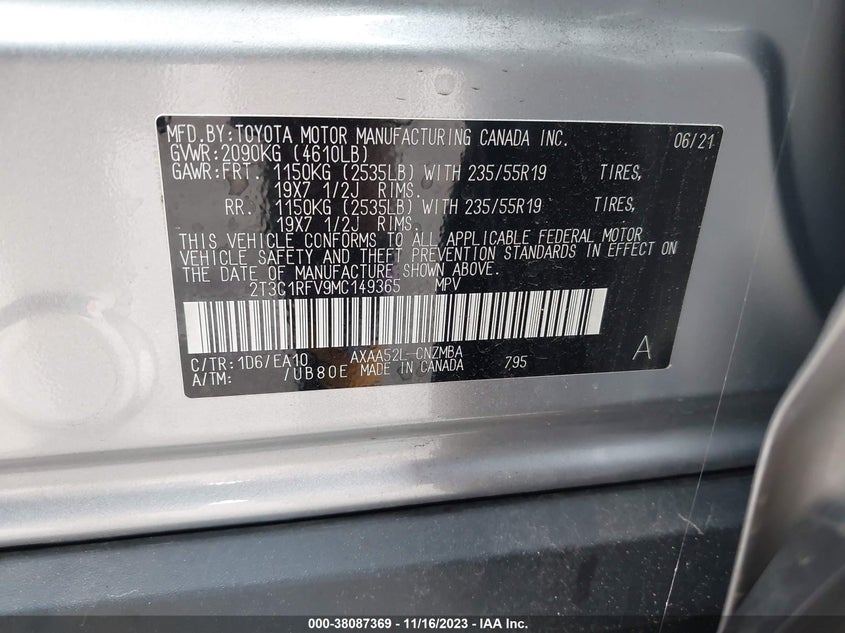 VIN 2T3C1RFV9MC149365 2021 TOYOTA RAV4 XLE PREMIUM