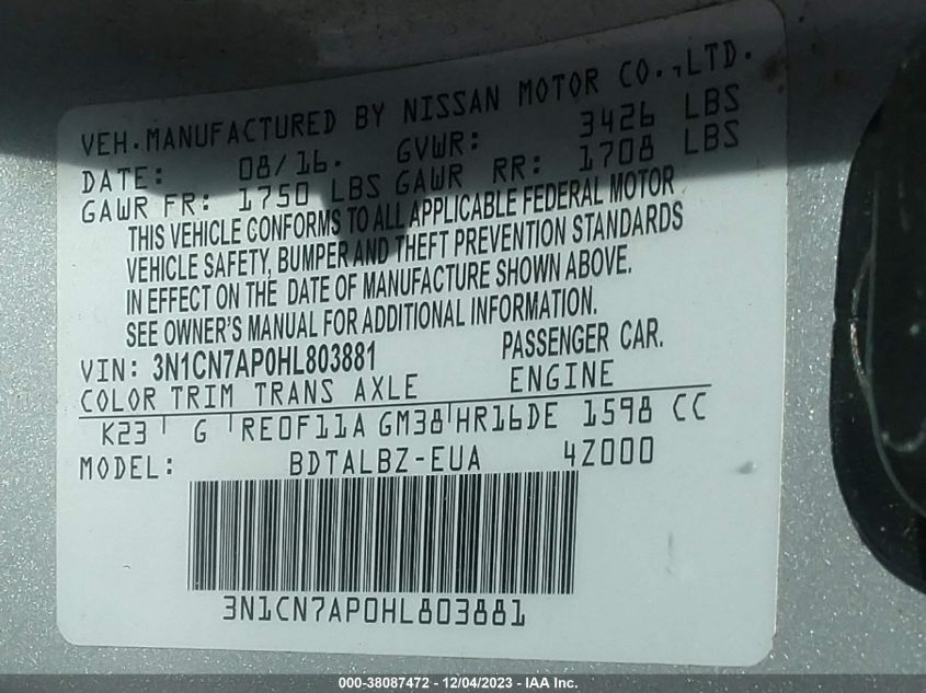 2017 NISSAN VERSA S/S PLUS/SV/SL - 3N1CN7AP0HL803881