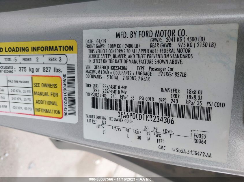 2019 FORD FUSION - 3FA6P0CD1KR234306