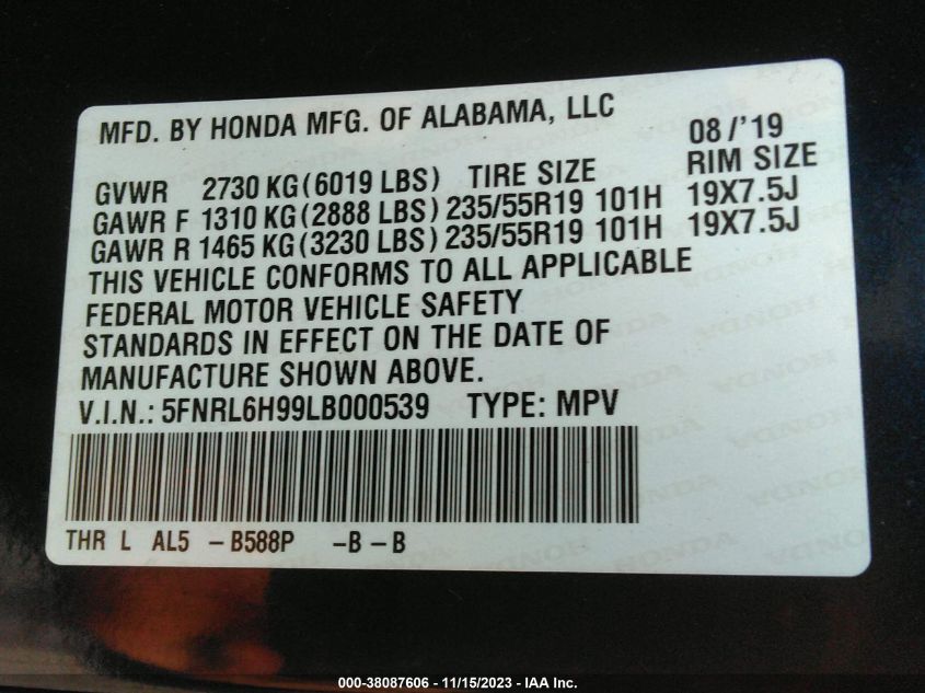 5FNRL6H99LB000539 Honda Odyssey ELITE 9