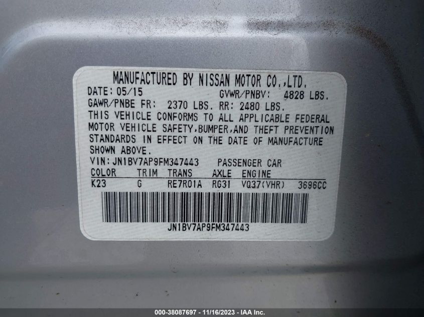 2015 INFINITI Q50 PREMIUM/SPORT - JN1BV7AP9FM347443