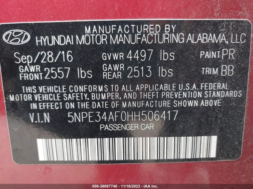 2017 HYUNDAI SONATA LIMITED - 5NPE34AF0HH506417