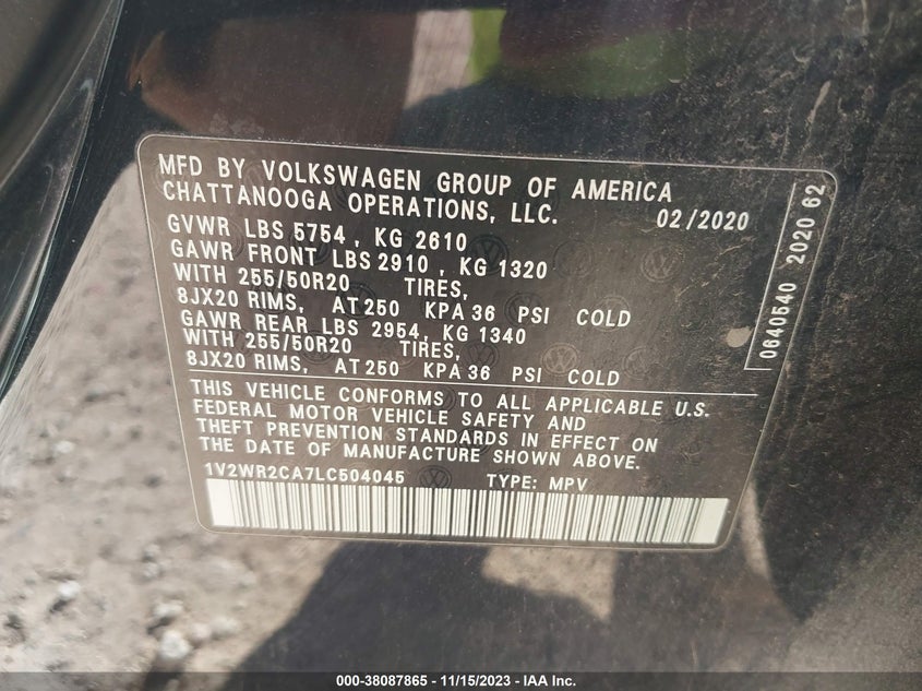 VIN 1V2WR2CA7LC504045 2020 VOLKSWAGEN ATLAS 3.6L V6 SE W/TECHNOLOGY
