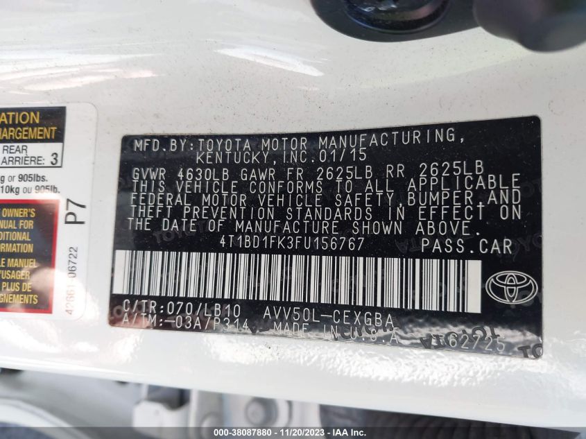 2015 TOYOTA CAMRY HYBRID XLE - 4T1BD1FK3FU156767