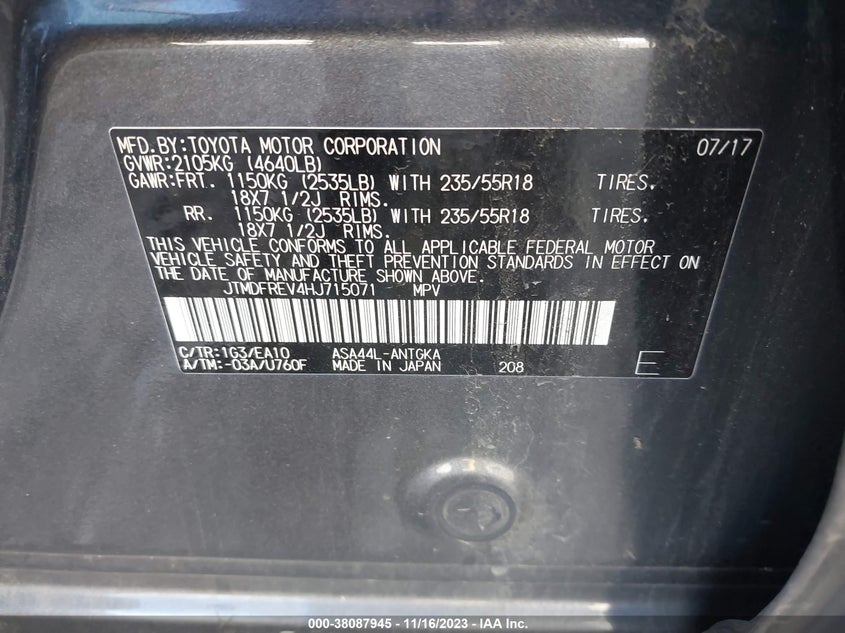 VIN JTMDFREV4HJ715071 2017 TOYOTA RAV4 LIMITED/SE/PLATINUM