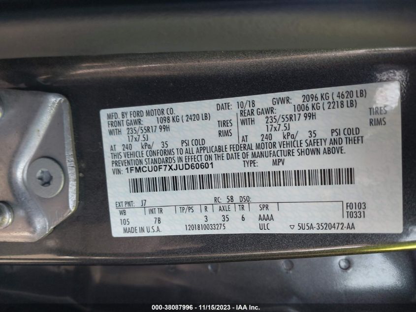 2018 FORD ESCAPE S - 1FMCU0F7XJUD60601