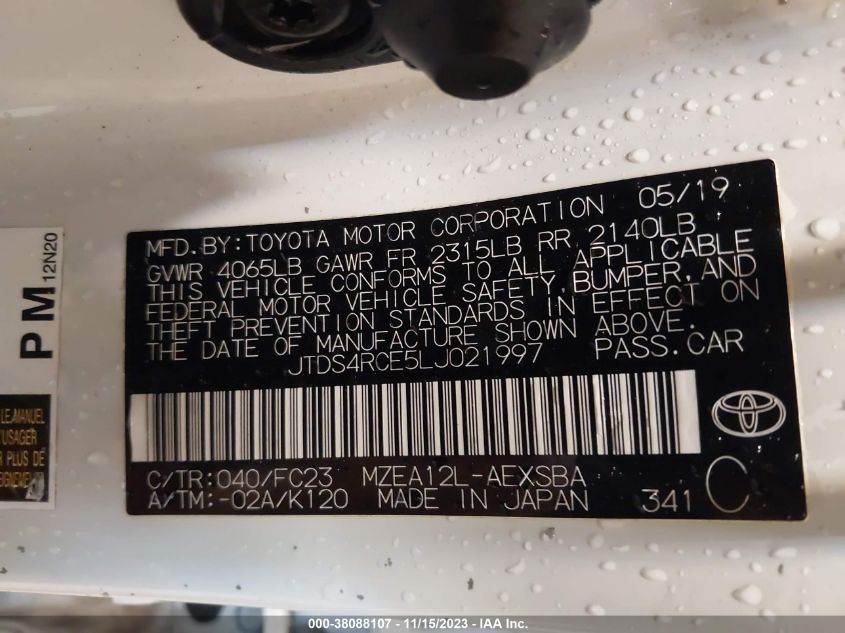 VIN JTDS4RCE5LJ021997 2020 TOYOTA COROLLA SE/NIGHT SHADE