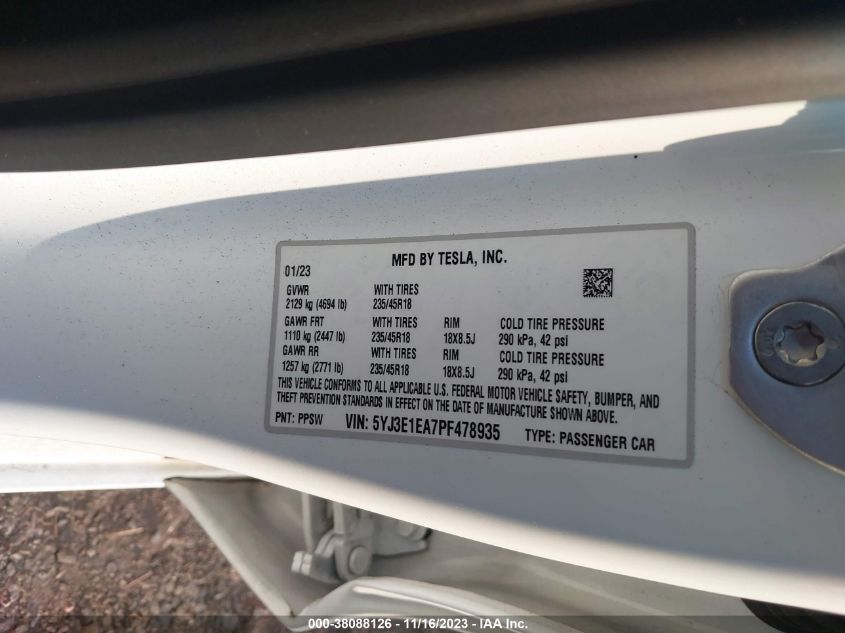 2023 TESLA MODEL 3 - 5YJ3E1EA7PF478935