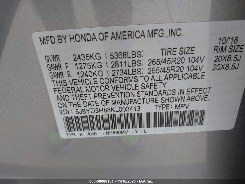 5J8YD3H88KL003413 Acura MDX W/ADVANCE PKG 9