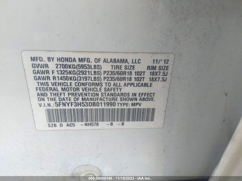 2013 HONDA PILOT EX-L - 5FNYF3H53DB011990